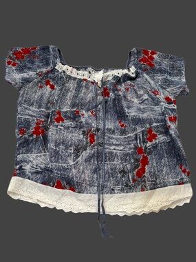 Blue Floral Peasant Blouse with Eyelet Hem